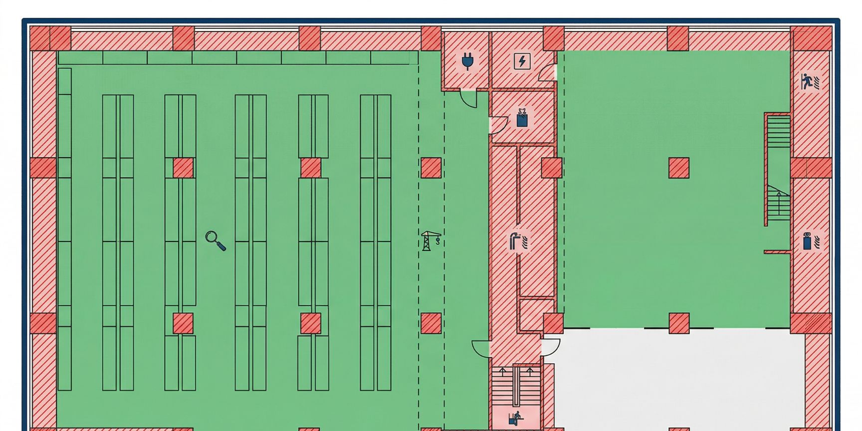Stilisierter Grundriss einer Logistikimmobilie zur Visualisierung von Brutto-Lagerfläche und Netto-Nutzfläche, inklusive Stützenraster, Technikräumen und Verkehrsflächen für Flächeneffizienz.